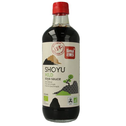 Lima bio Lima Shoyu soy sauce bottle, 500ml, in a clear plastic container with a label, used as a flavorful seasoning and sauce.