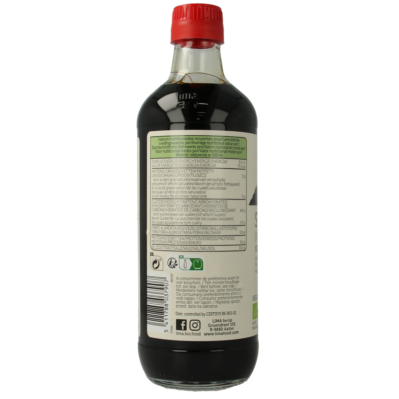 Lima bio shoyu sauce in a 500ml bottle, natural soy sauce used for cooking and seasoning in Asian dishes.