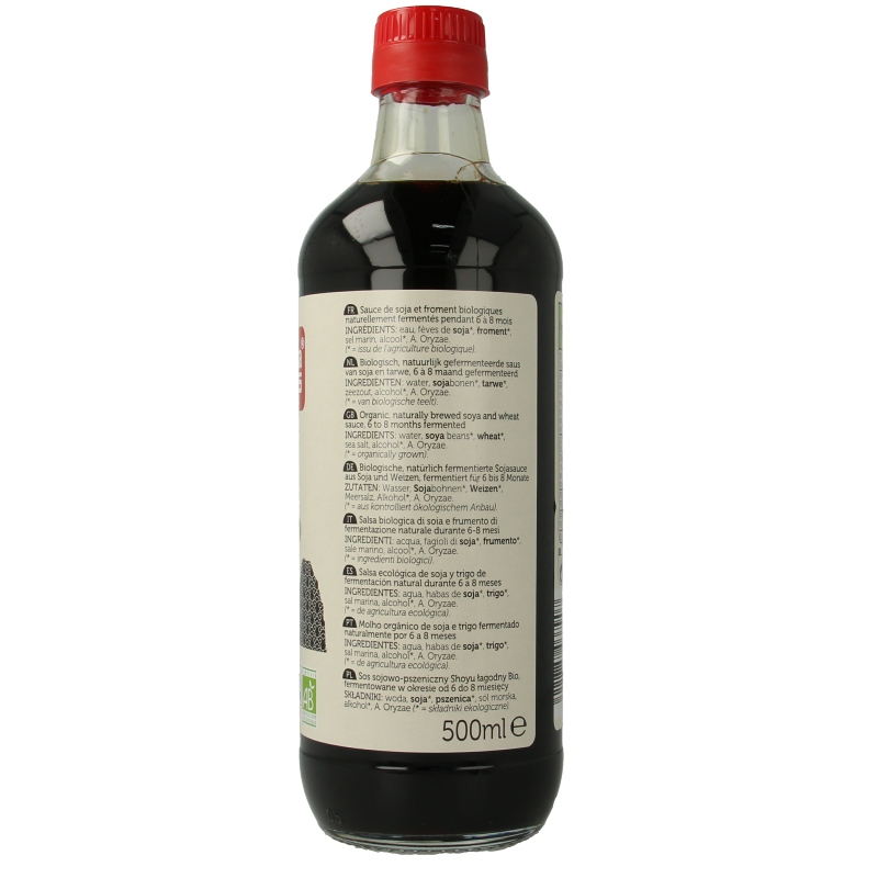 Lima bio shoyu soy sauce bottle, 500ml, in a clear glass container with a dark label, for use in sauces and flavoring.