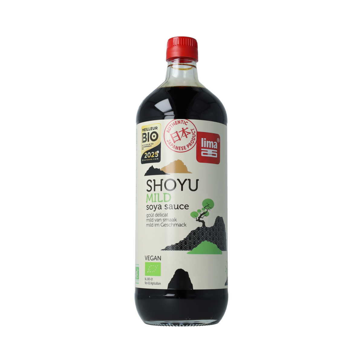 Lima Shoyu mild bio soy sauce in a 1-liter bottle, natural organic soy sauce for cooking and seasoning.