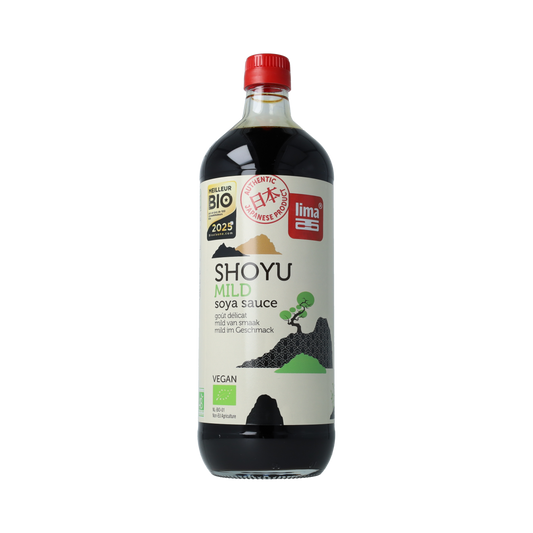 Lima Shoyu mild bio soy sauce in a 1-liter bottle, natural organic soy sauce for cooking and seasoning.