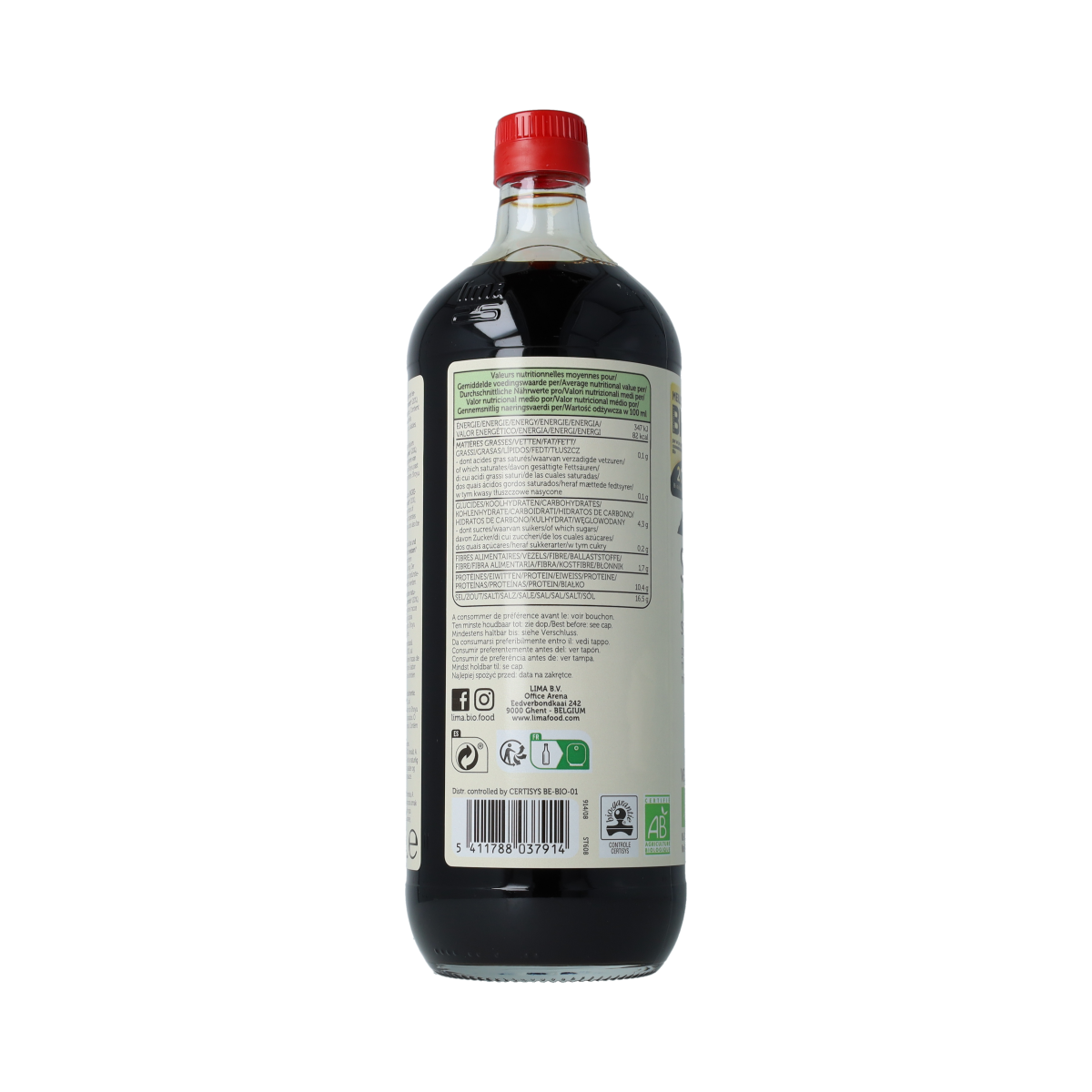 Lima Shoyu mild bio soy sauce bottle, 1 liter, natural organic soy sauce for cooking and seasoning.