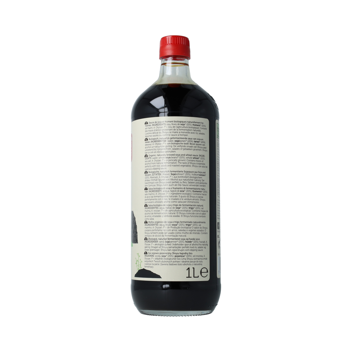 Lima Shoyu mild bio soy sauce in a 1-liter bottle, natural organic soy sauce for cooking and marinades.