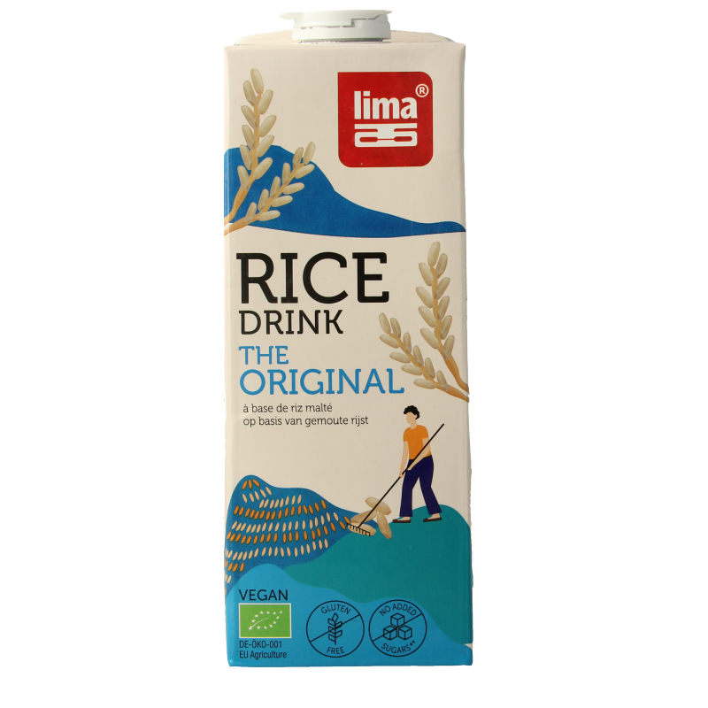Lima organic rice drink in a 1-liter bottle, original flavor, in a clear container with a white cap, suitable for vegan and dairy-free diets.
