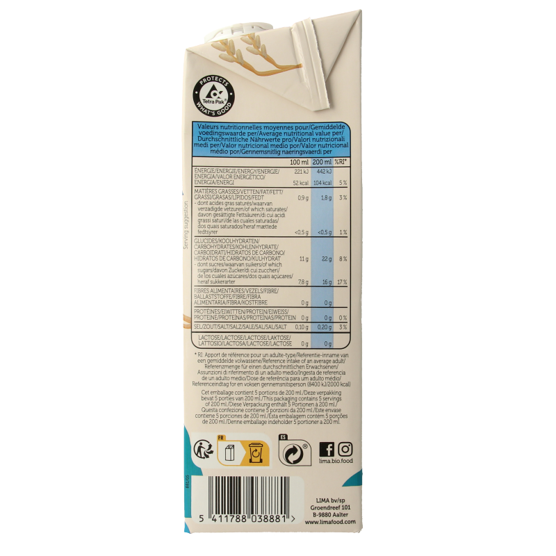 Lima Bio Original Rice Drink in 1-liter bottle, natural rice beverage for dairy-free and vegan diets.