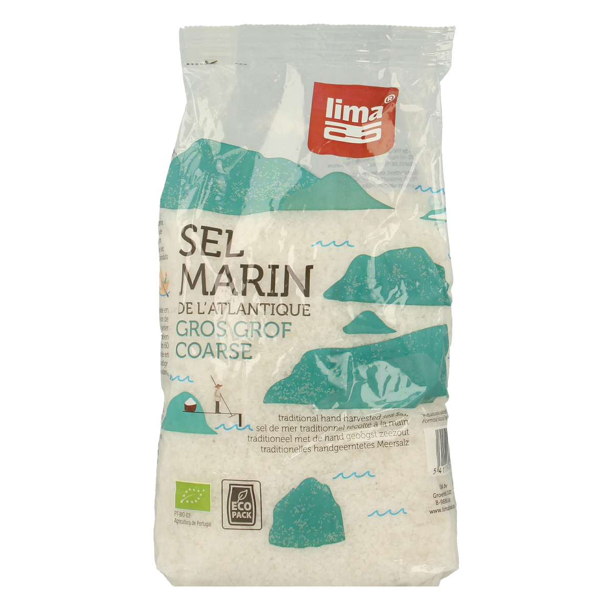 Lima Zeezout grof bio in 1kg bag, coarse sea salt for cooking and seasoning, part of Lima's kruiden, zouten en maaltijdmixen range.