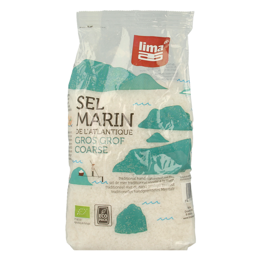 Lima Zeezout grof bio in 1kg bag, coarse sea salt for cooking and seasoning, part of Lima's kruiden, zouten en maaltijdmixen range.