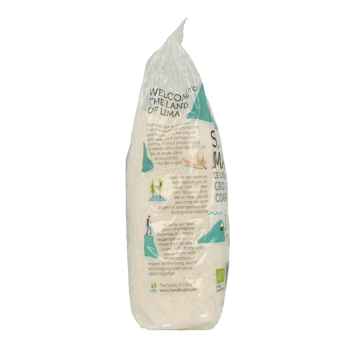 Lima Zeezout grof bio in a 1kg package, natural coarse sea salt shown in a clear container.
