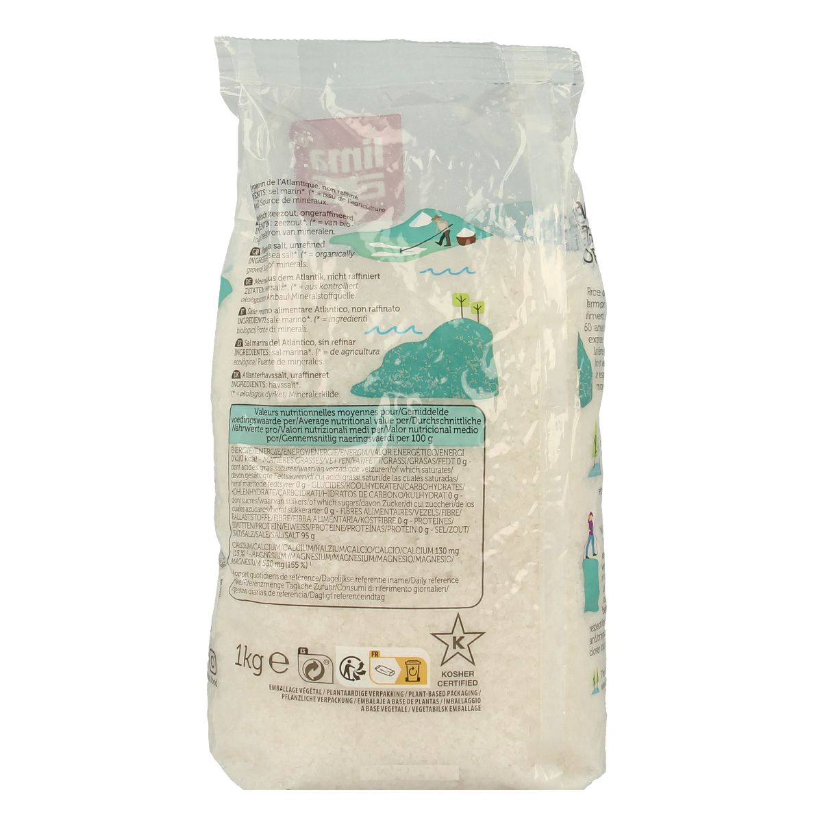 Lima Zeezout grof bio in 1kg package, natural coarse sea salt for culinary use, from Lima brand.