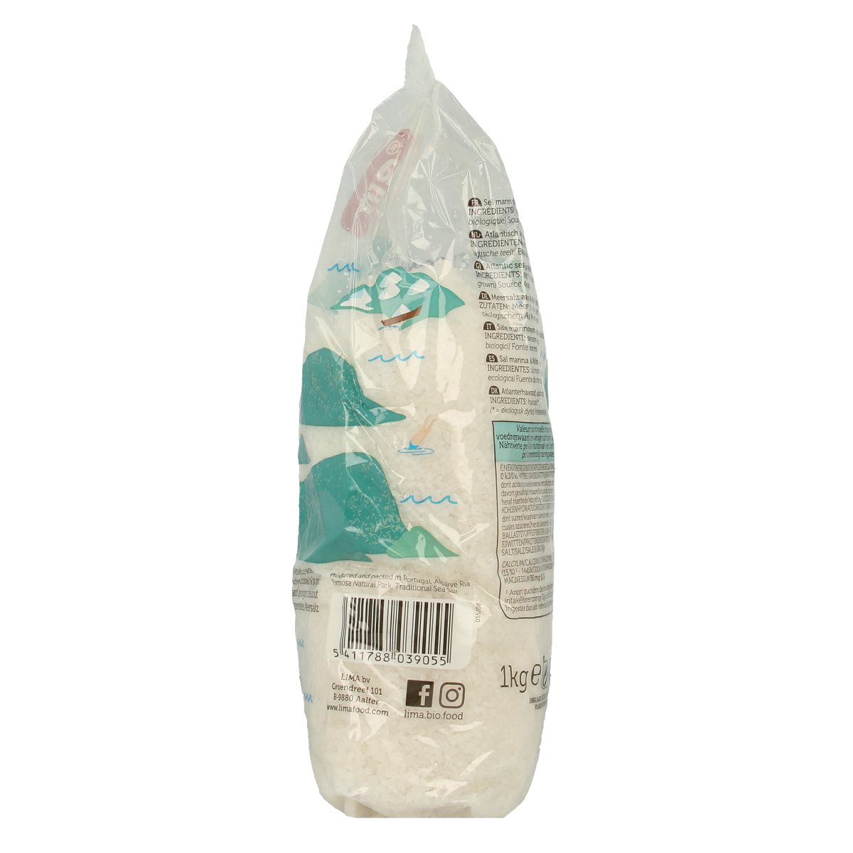 Lima Zeezout grof bio in a 1kg package, natural sea salt for cooking and seasoning in a clear image.
