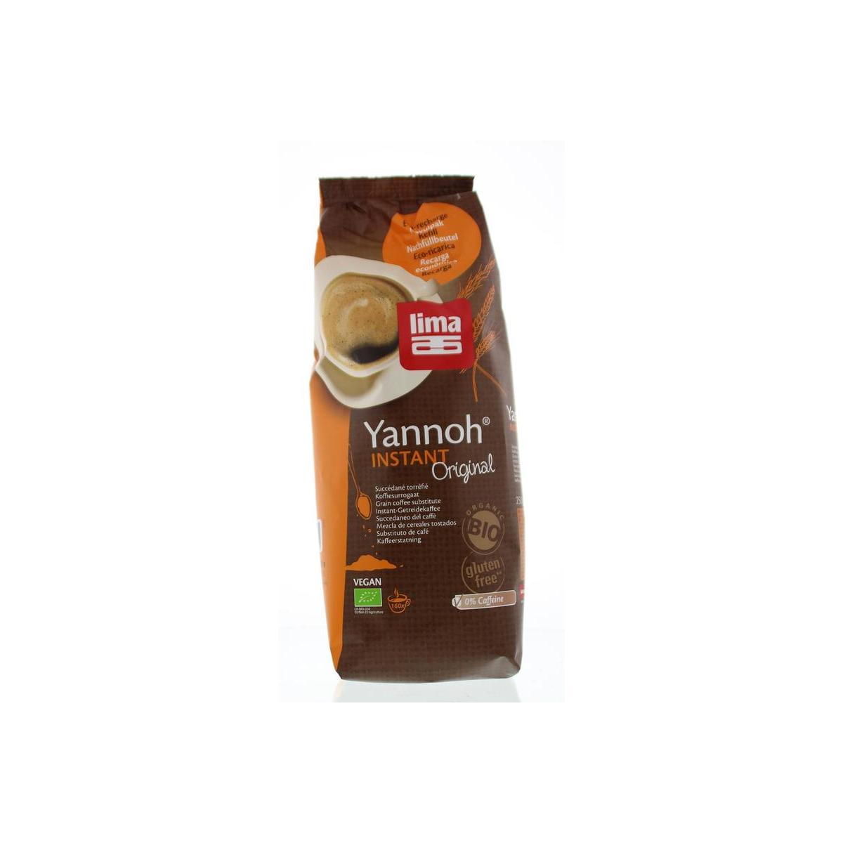 Lima Yannoh instant navul bio coffee 250g jar with label showing coffee beans and bio certification.