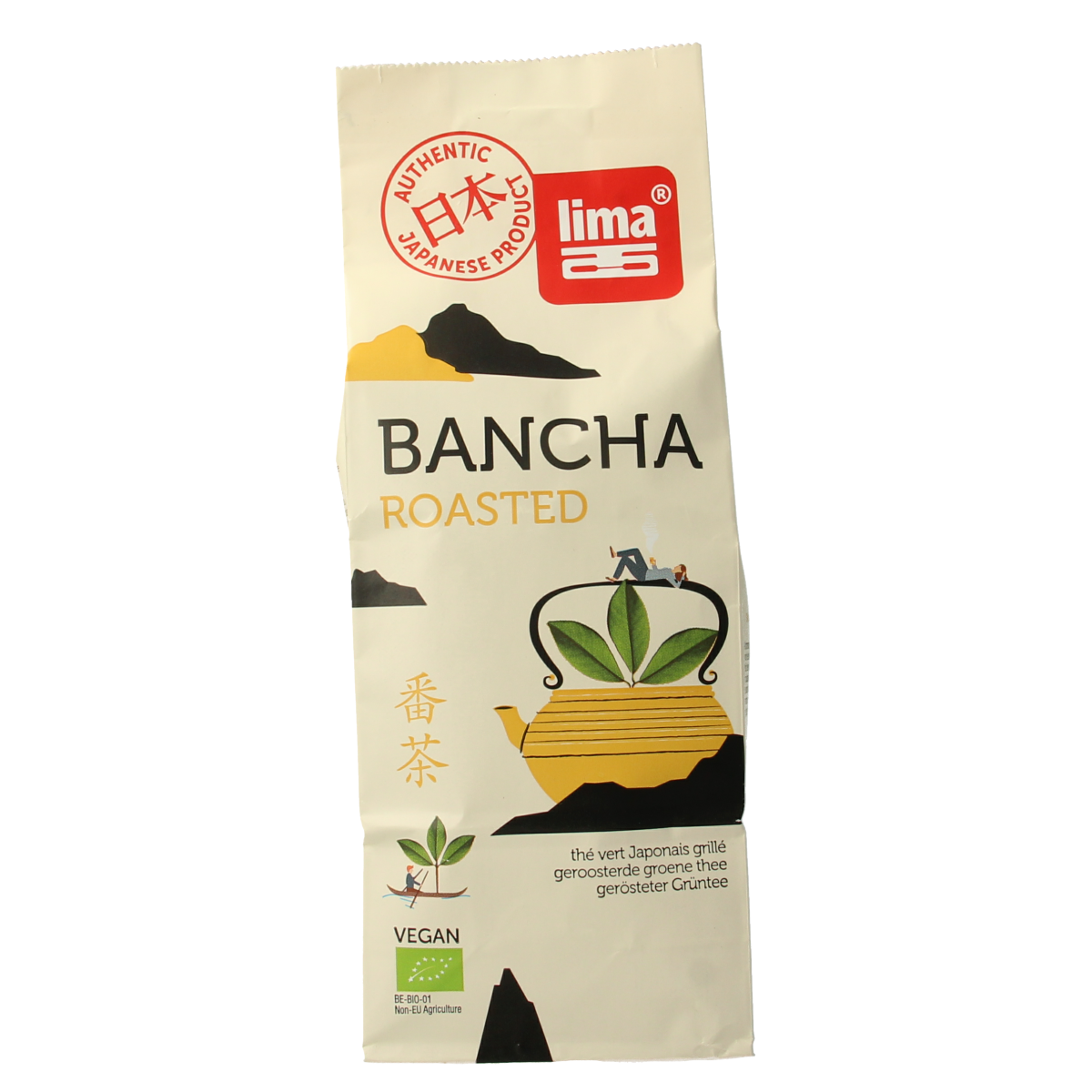 Organic Lima Bancha tea in a 75g package, featuring traditional Japanese green tea leaves and natural brewing qualities.