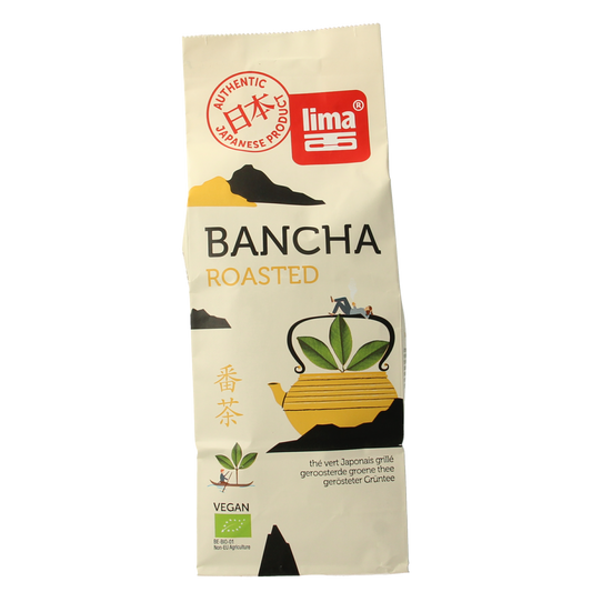 Organic Lima Bancha tea in a 75g package, featuring traditional Japanese green tea leaves and natural brewing qualities.