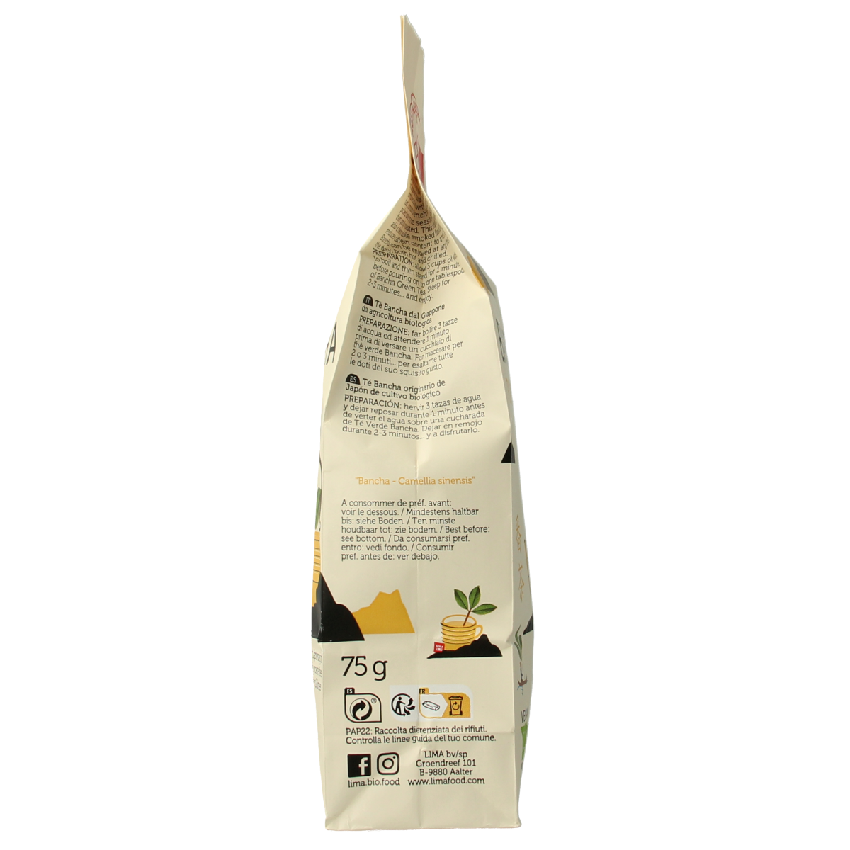 Organic Lima Bancha tea in a 75g package, showcasing loose green tea leaves from the Koffie en Thee brand.