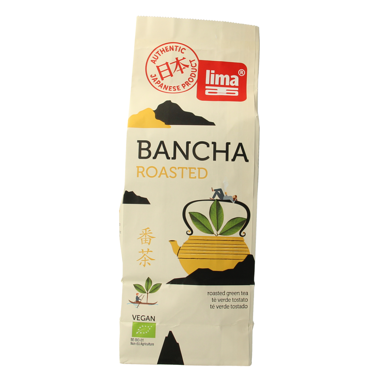 Organic Lima Bancha tea in a 75g package, featuring green tea leaves for a soothing, natural beverage experience.