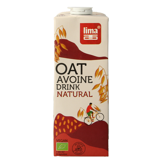 Lima organic oat drink in a 1-liter bottle, natural bio, showing the label and packaging on a white background.