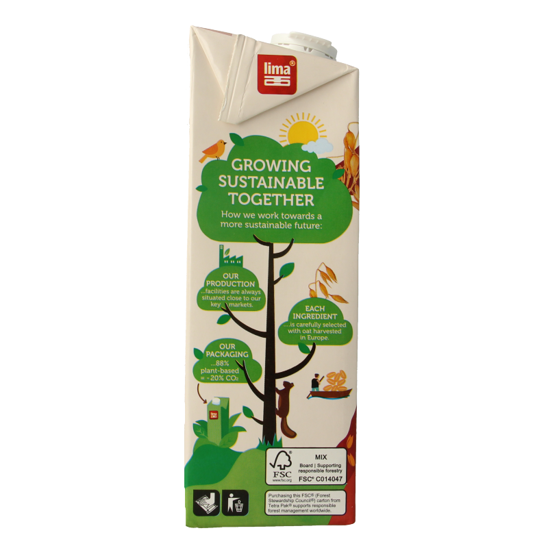 Lima natural bio oat drink in a 1-liter bottle, showcasing the packaging with the label and branding for dairy-free plant-based beverage.
