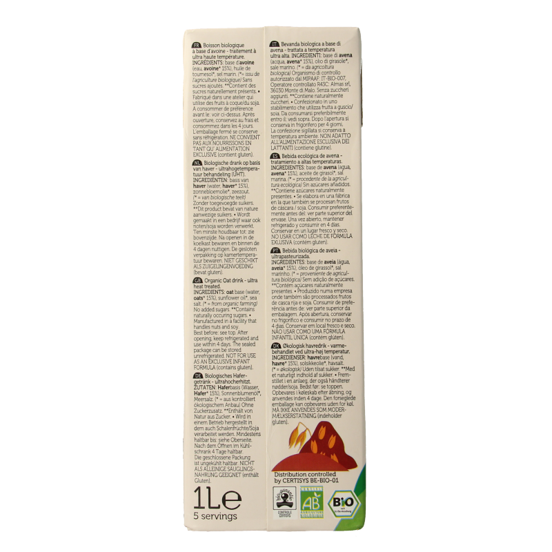 Lima natural bio oat drink in a 1-liter carton, showcasing a smooth, creamy beverage with oat grains and a natural label.