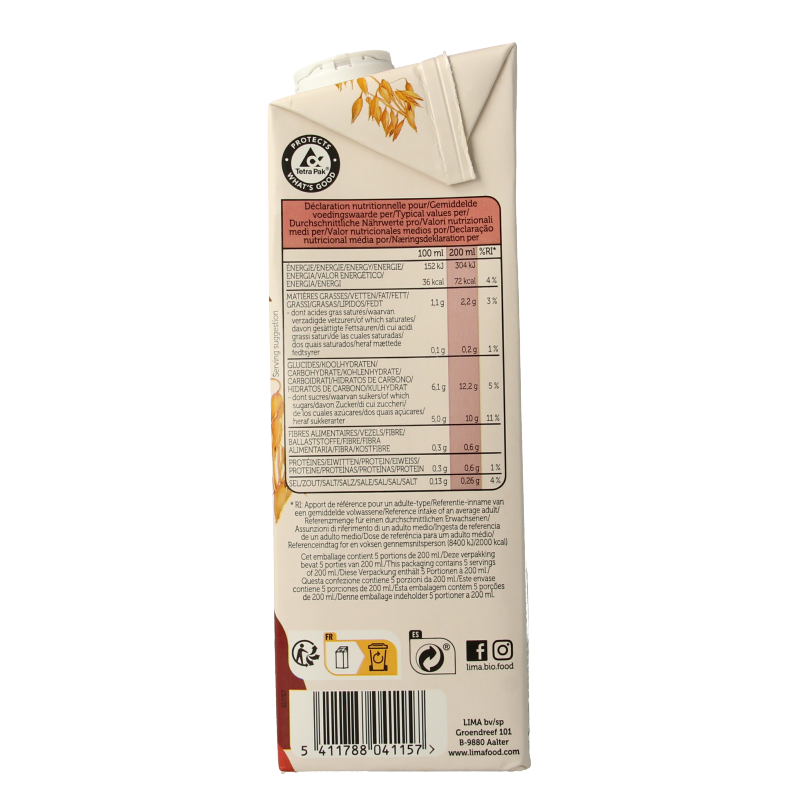 Lima natural bio oat drink in a 1-liter carton, showcasing the packaging with a splash of oat beverage.