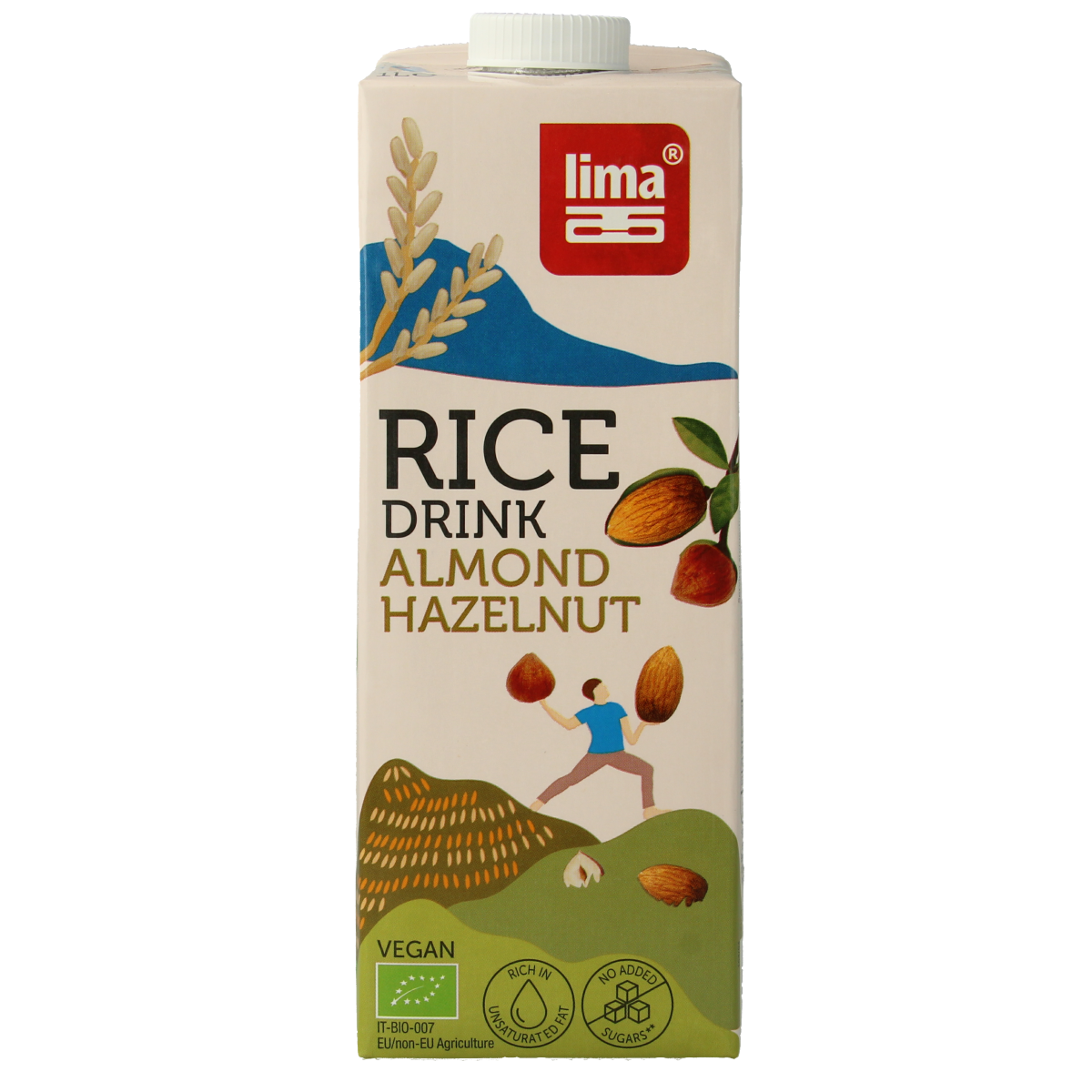 Lima organic hazelnut almond rice drink in 1-liter carton, with a beige and brown label, in a clear glass.