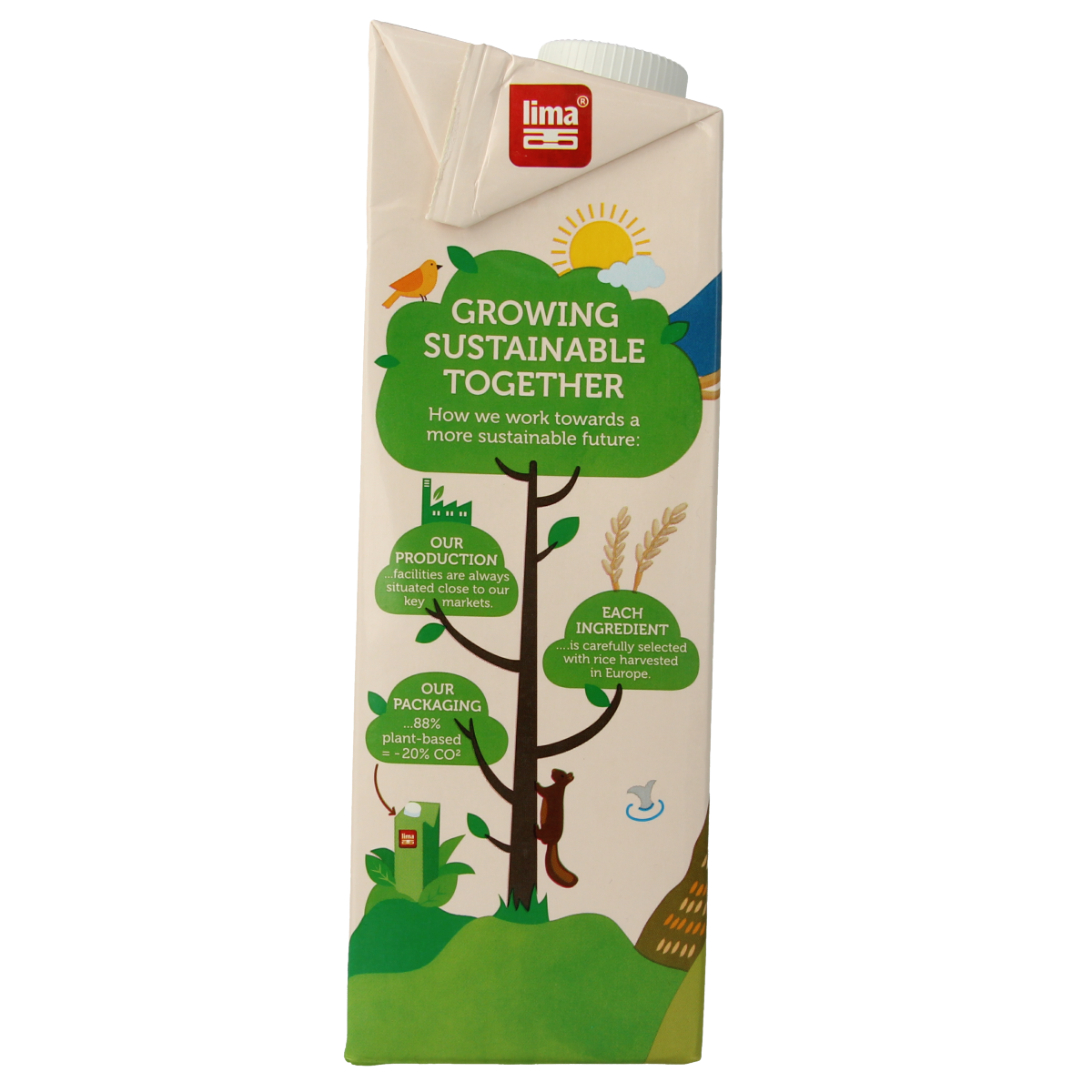 Lima organic hazelnut almond rice drink in 1-liter bottle, natural beverage for smoothies or drinking.