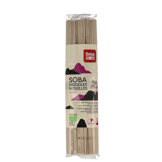 Lima Soba 35% bio rice pasta in a 250g package, featuring thin, light brown soba noodles made from organic rice.