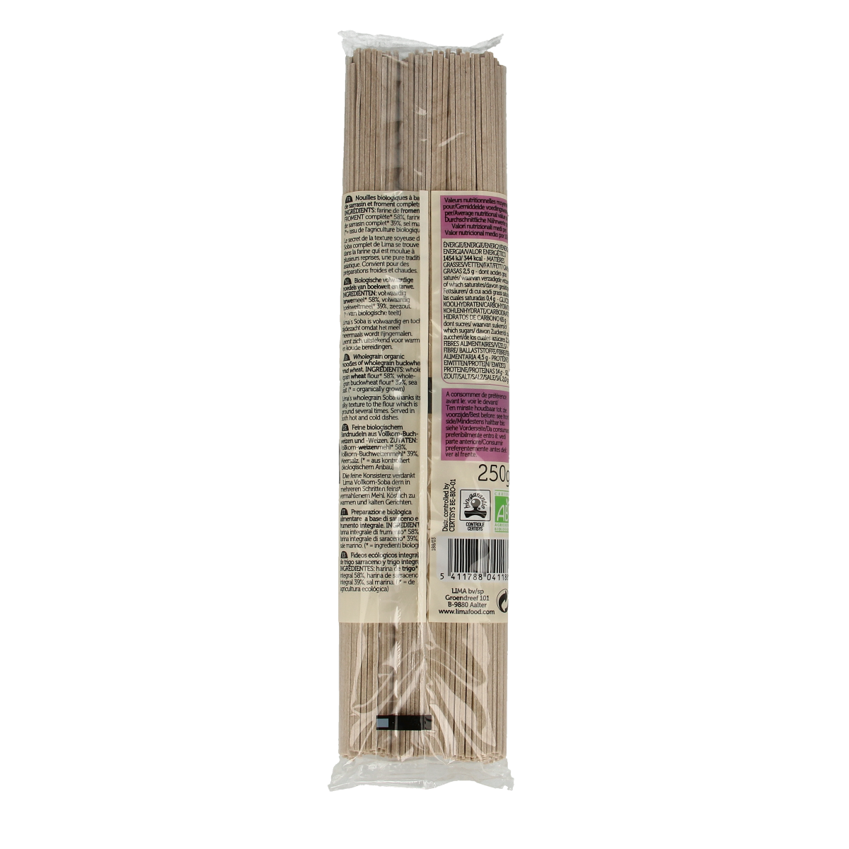 Lima Soba 35% organic rice pasta, 250g package, featuring thin, light brown soba noodles made from rice and buckwheat flour.