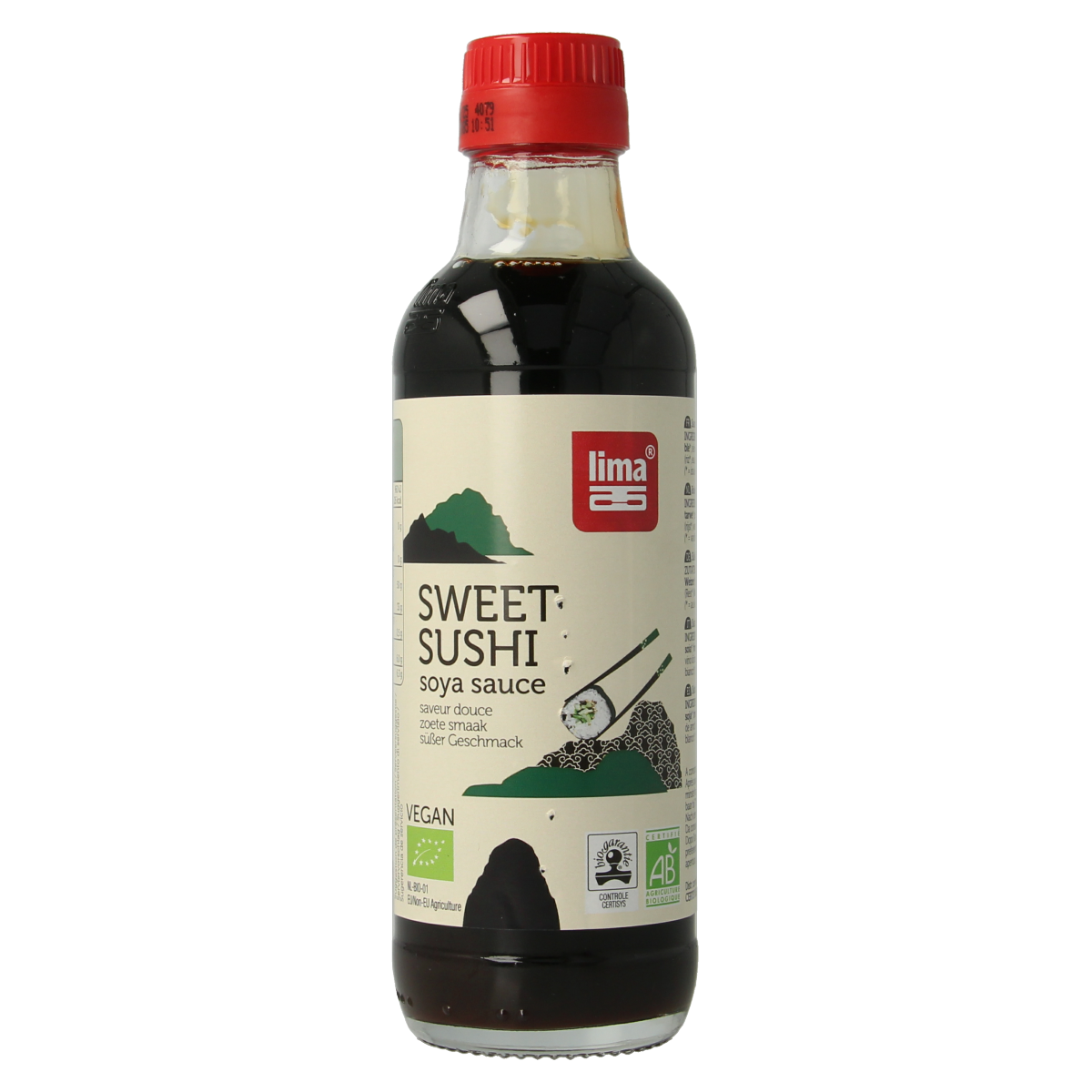 Lima Sweet Sushi Soy Sauce bio, 50ml bottle, natural flavor, in a clear glass container with a dark soy sauce inside.
