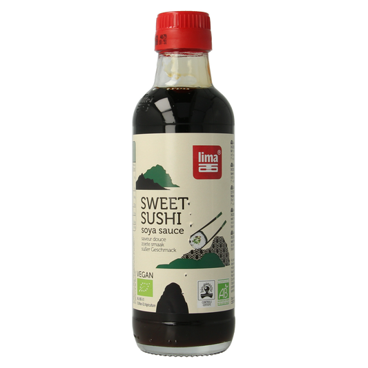Lima Sweet Sushi Soy Sauce bio, 50ml bottle, natural flavor, in a clear glass container with a dark soy sauce inside.