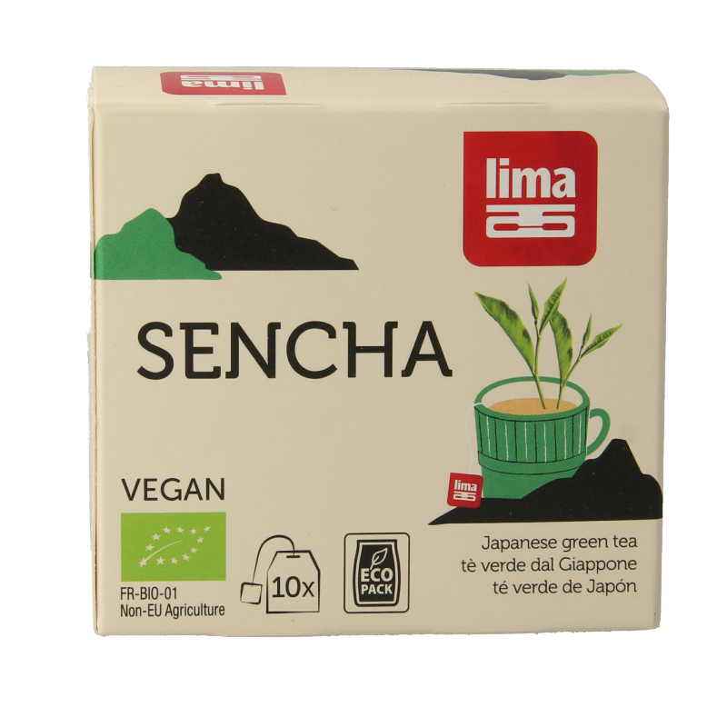 Organic Lima Sencha builtjes tea sachets, 15 grams, in a green tea package with tea leaves and sachets visible.