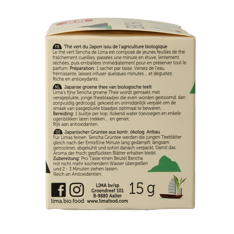 Lima Sencha bio tea bags, 15 grams, featuring green tea leaves in a natural tea bag for brewing.