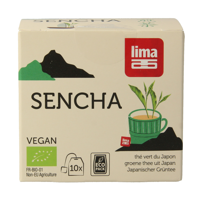 Lima Sencha bio tea bags, 15 grams, in a green packaging with tea leaves, natural and organic tea product.