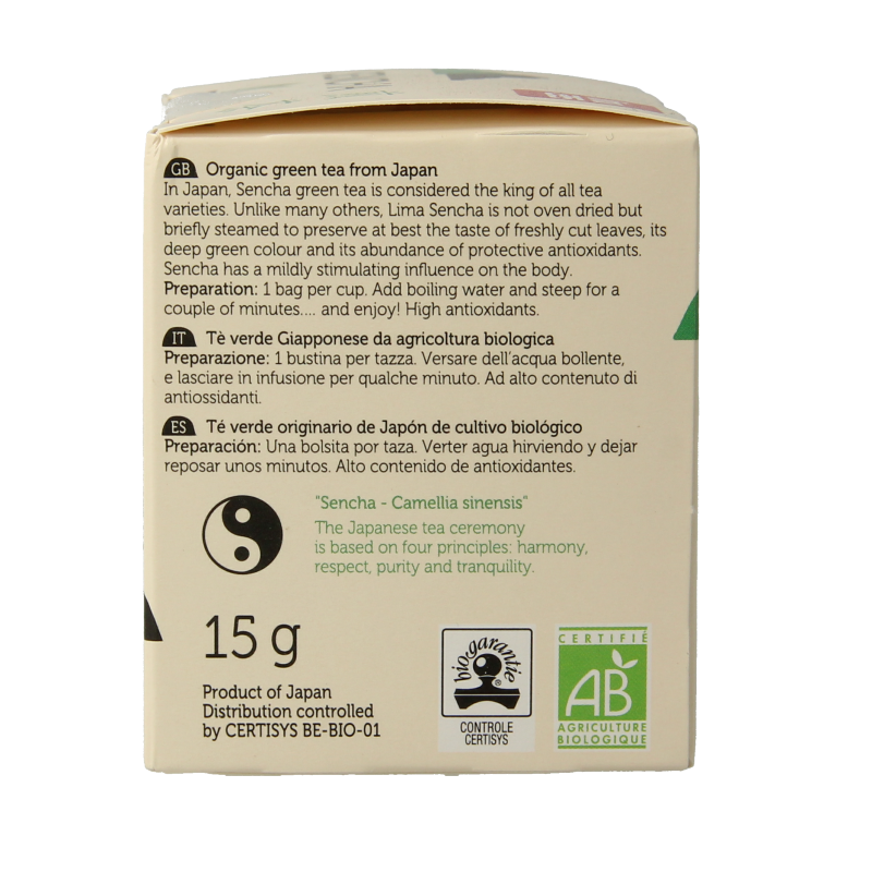 Organic Lima Sencha tea bags, 15 grams, in green packaging, showcasing the tea leaves and product branding.