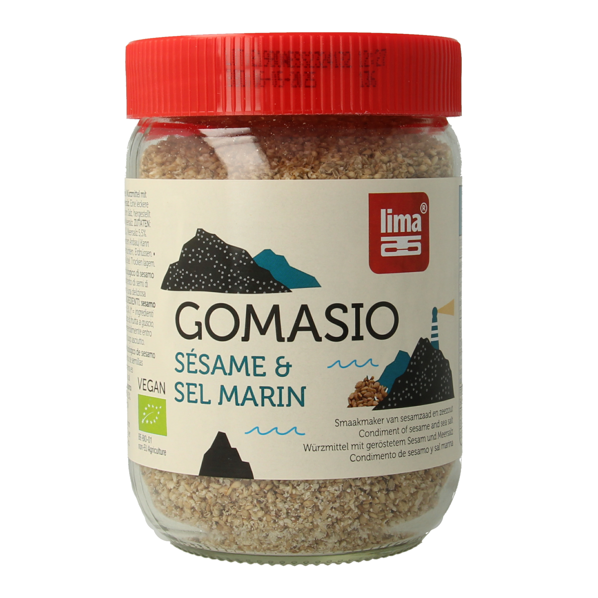 Lima Gomasio original bio, 225g, raw superfood blend of toasted sesame and sea salt in a clear jar.