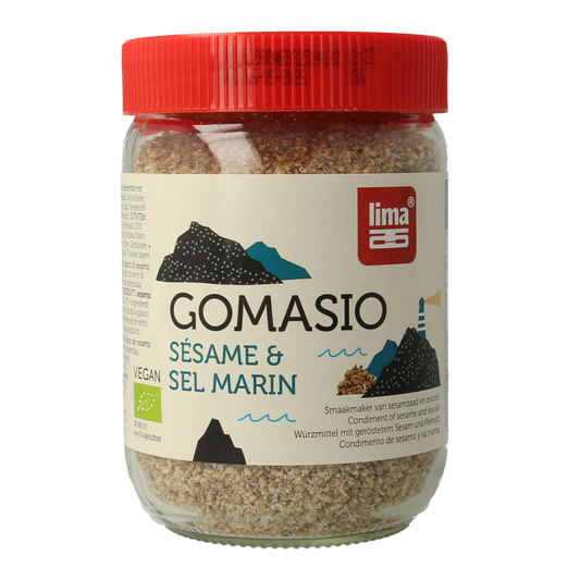 Lima Gomasio original bio, 225g, raw superfood blend of toasted sesame and sea salt in a clear jar.