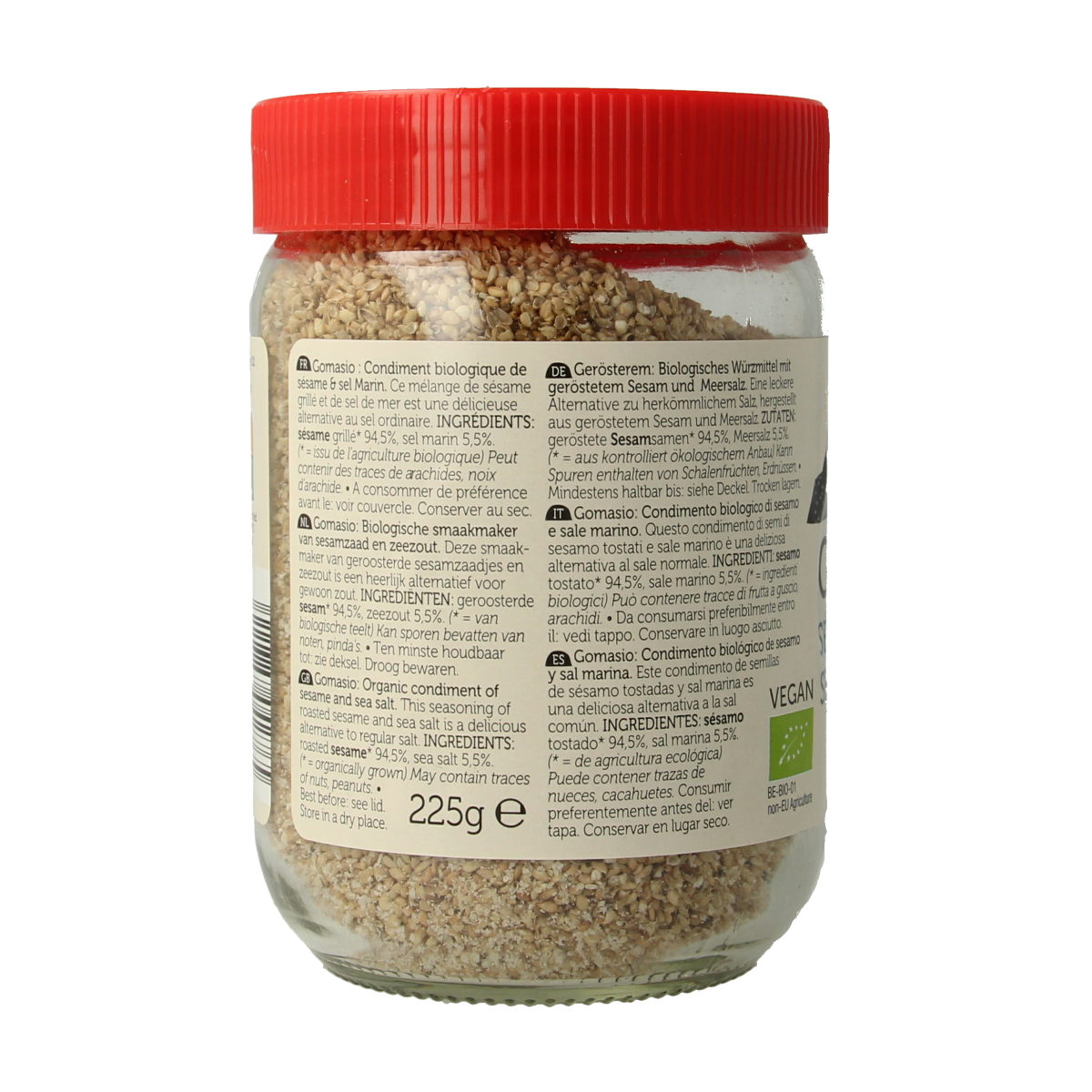 Lima Gomasio original bio, 225g, raw superfood blend of toasted sesame seeds and sea salt in a clear container.