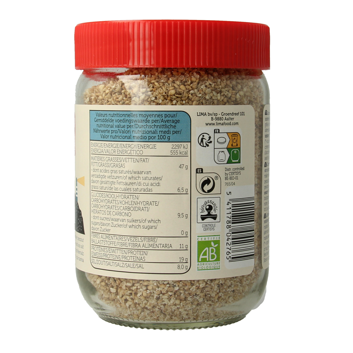 Lima Gomasio original bio, 225g, raw superfood mix of toasted sesame seeds and sea salt in a clear container.