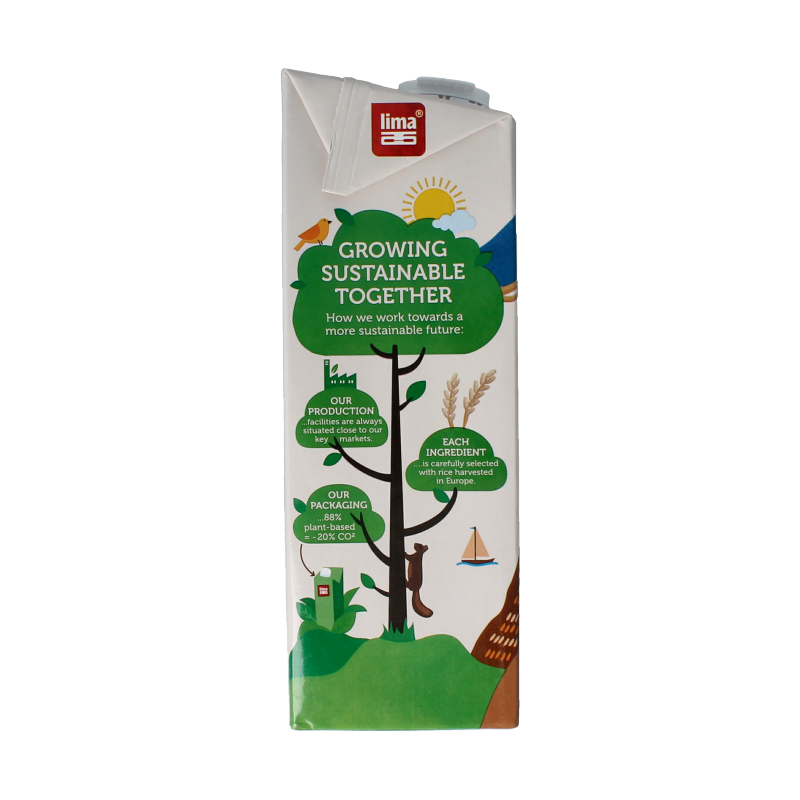 Lima organic chocolate rice drink in a 1-liter carton, showcasing the beverage with a chocolate flavor and rice base.