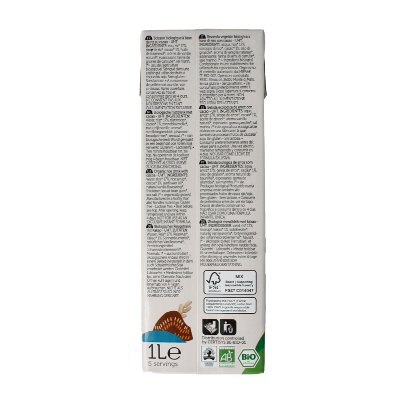 Lima organic chocolate rice drink in a 1-liter carton, creamy and rich beverage for dairy-free chocolate flavor.