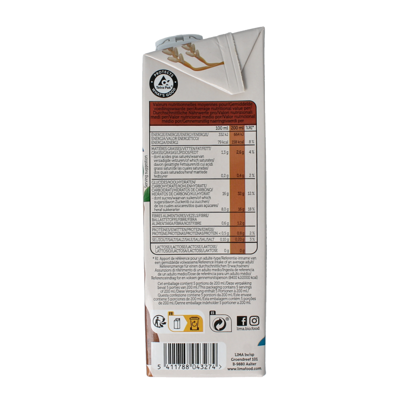 Lima organic chocolate rice drink in a 1-liter carton, showcasing a smooth, rich beverage with chocolate flavor and rice base.