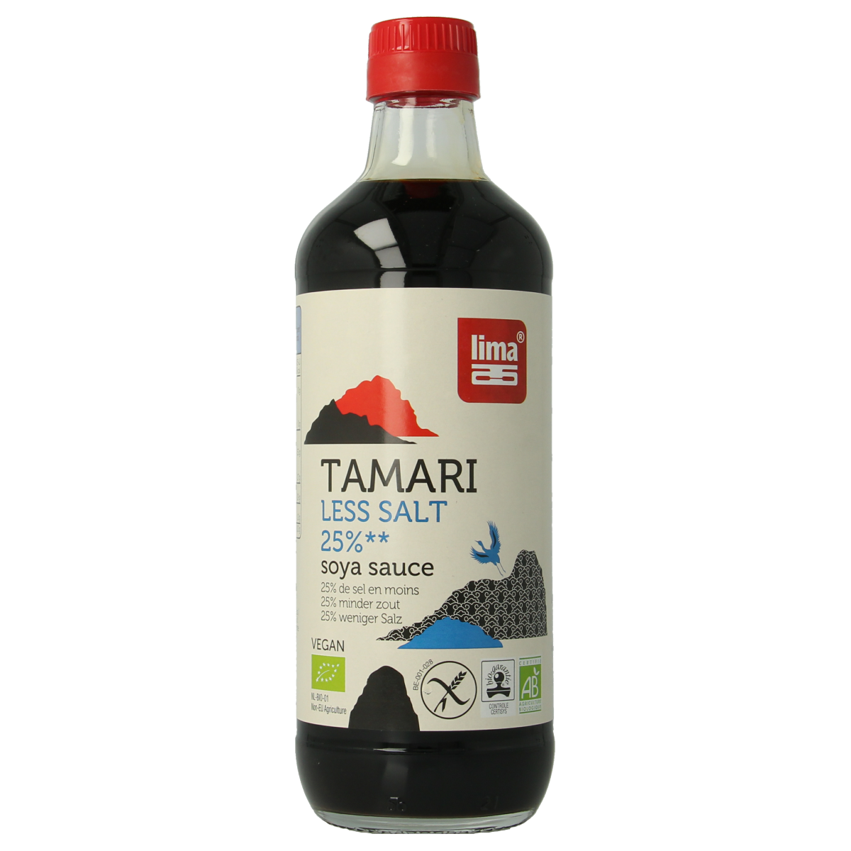 Lima Tamari soy sauce bottle with 25% less salt, organic, 500ml, in a clear glass container with a black cap.