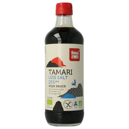 Lima Tamari soy sauce bottle with 25% less salt, organic, 500ml, in a clear glass container with a black cap.
