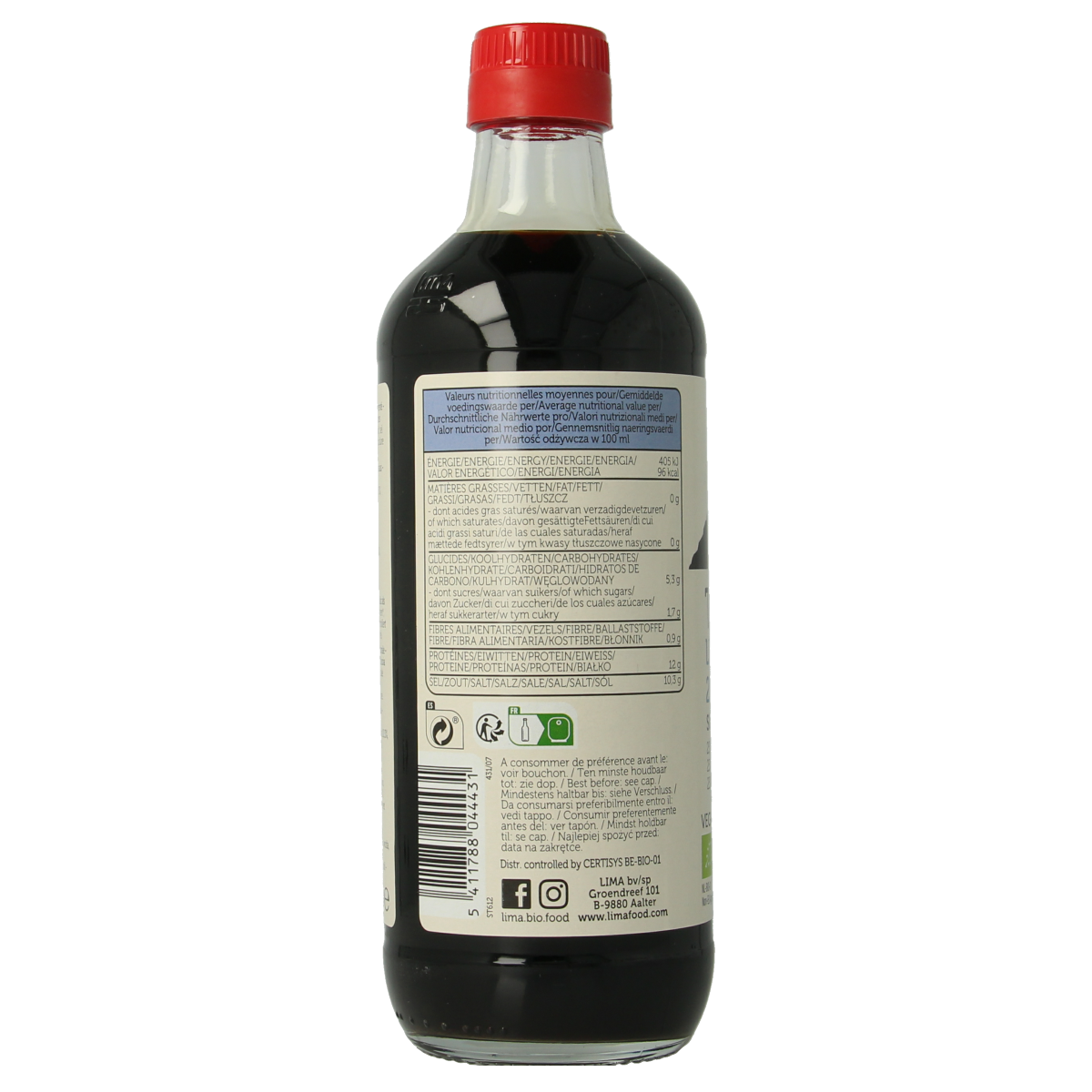 Lima Tamari soy sauce in a 500ml bottle, reduced salt, organic, suitable for cooking and flavoring dishes.