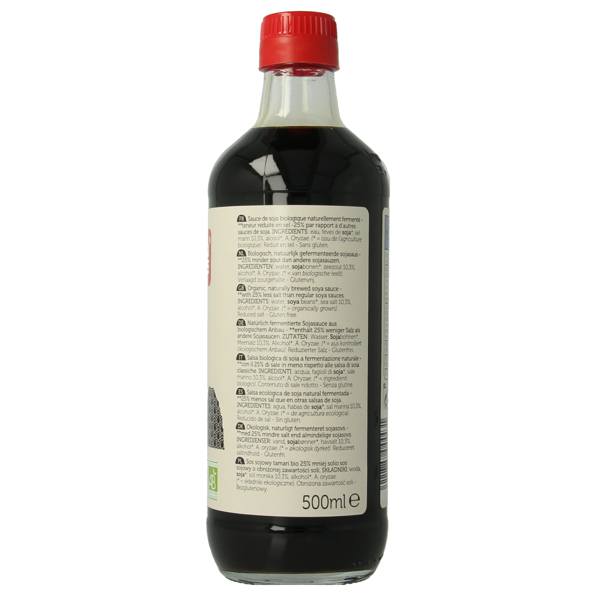 Lima Tamari soy sauce bottle with 25% less salt, organic, 500ml, in a clear glass container with a label.