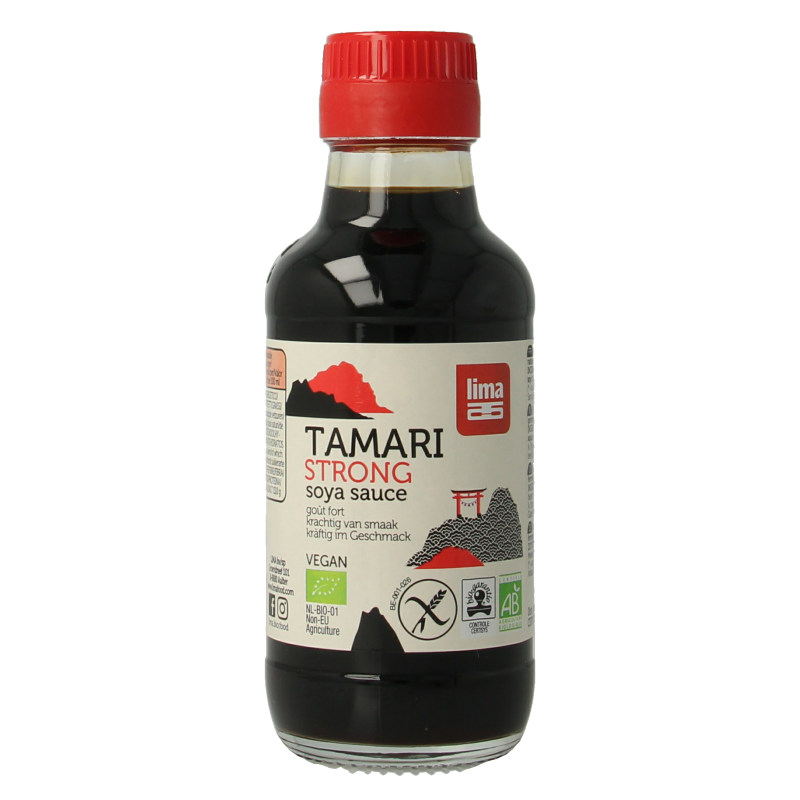 Lima Tamari Strong Bio sauce bottle with 145ml capacity, showcasing the dark soy sauce in a clear glass bottle.