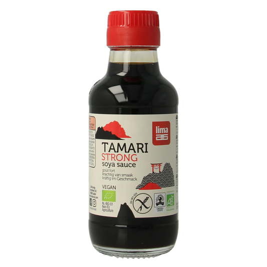 Lima Tamari Strong Bio sauce bottle with 145ml capacity, showcasing the dark soy sauce in a clear glass bottle.