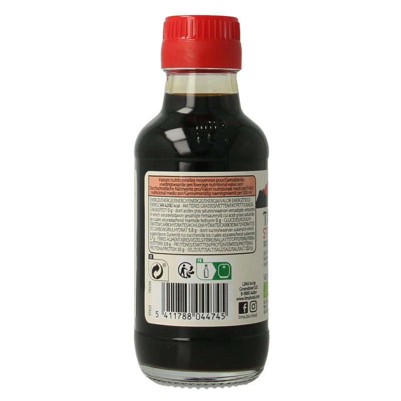 Lima Tamari strong bio soy sauce bottle, 145ml, in a clear glass container with a black cap, labeled with organic branding.