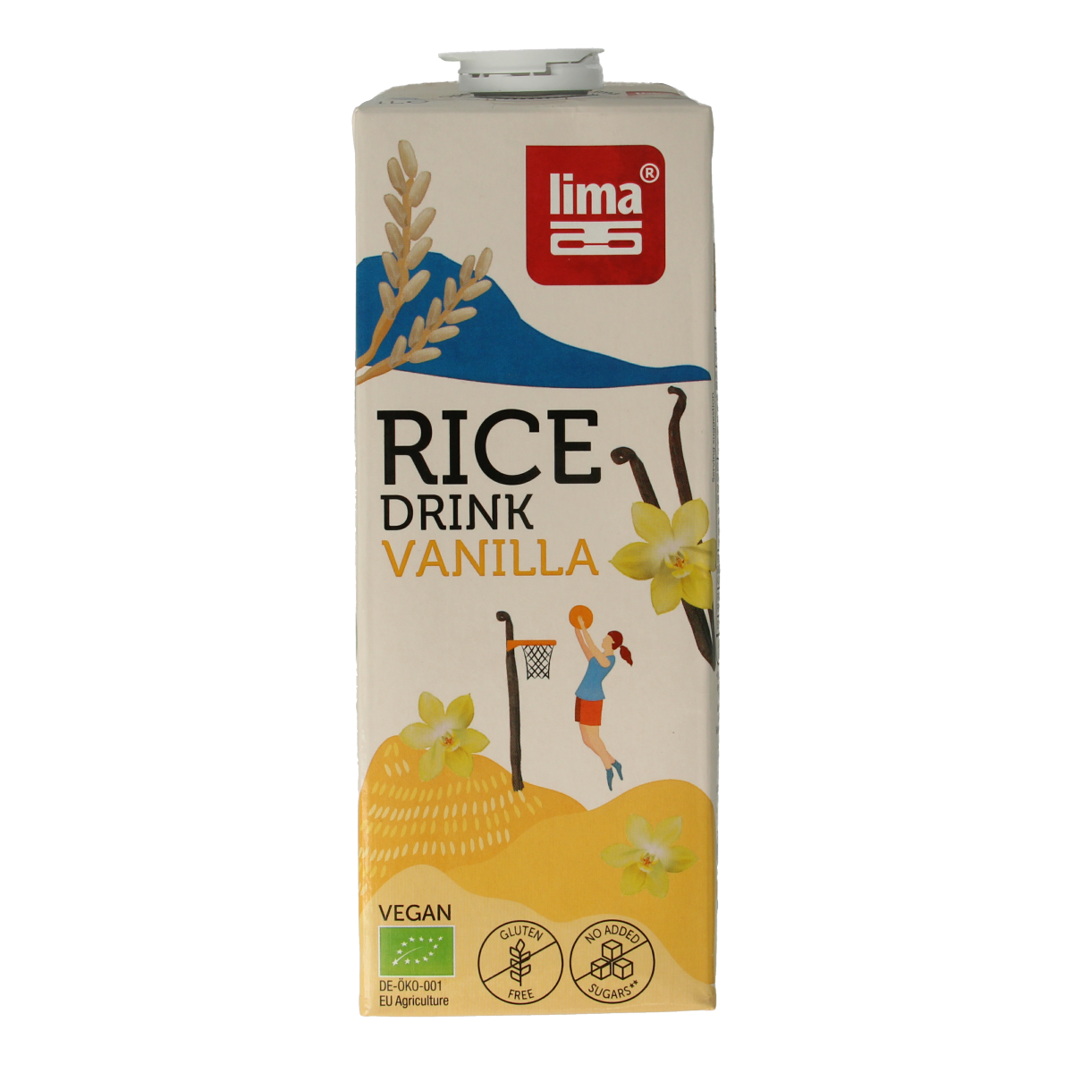 Lima vanilla bio rice drink in 1-liter carton, showing the packaging with a vanilla flavor label and rice drink branding.