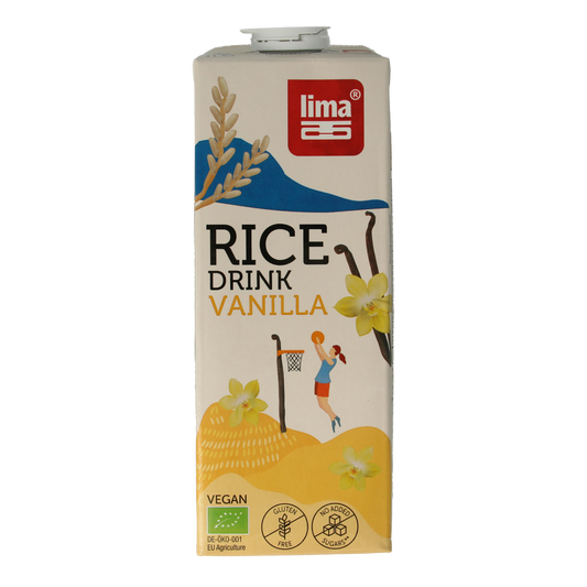 Lima vanilla bio rice drink in 1-liter carton, showing the packaging with a vanilla flavor label and rice drink branding.