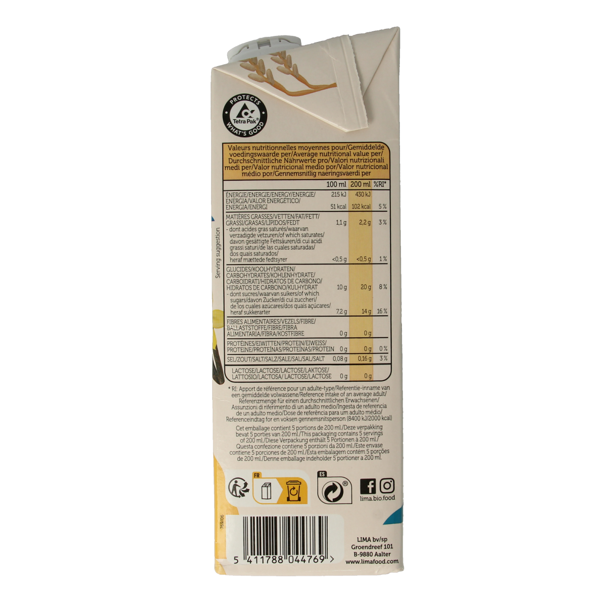 Lima bio vanilla rice drink in a 1-liter carton, creamy plant-based beverage from the drinks and juices category.